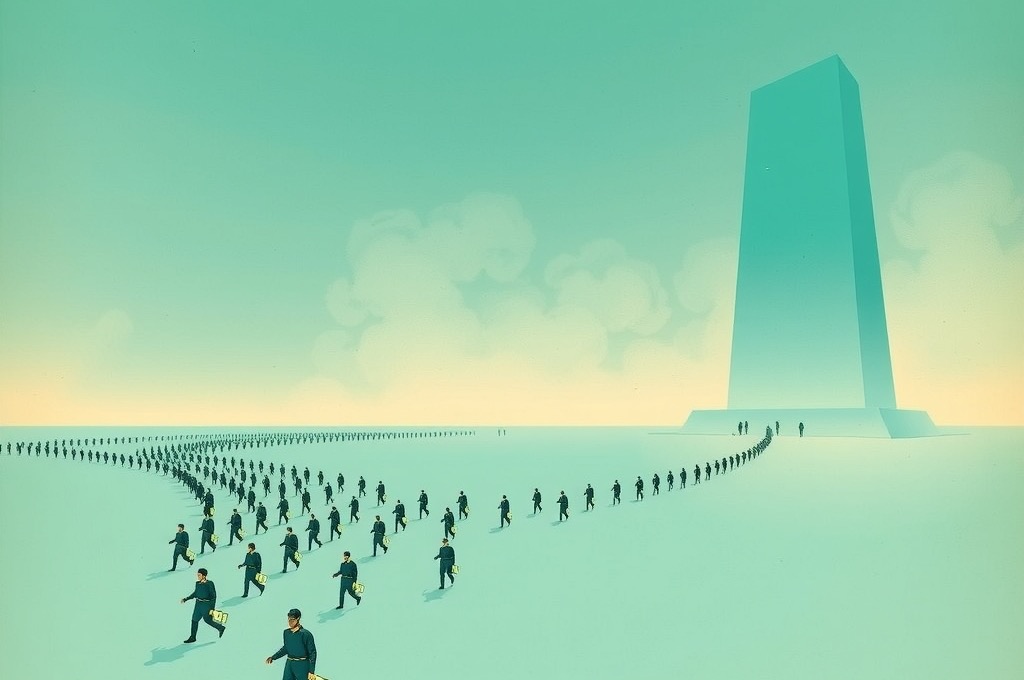 A swarm of operators crossing a horizon toward a tall teal repository monolith