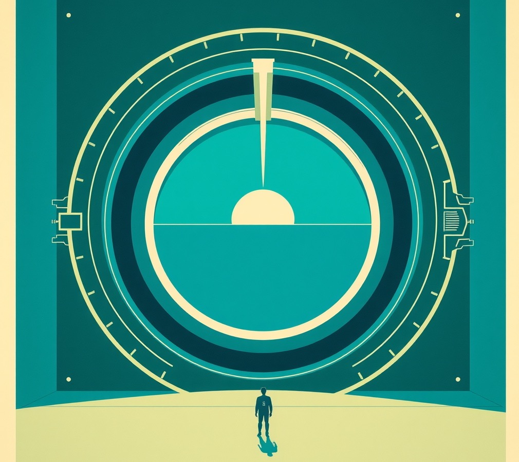 A lone operator before a colossal sealed airlock hatch, just beginning to open onto a calm horizon